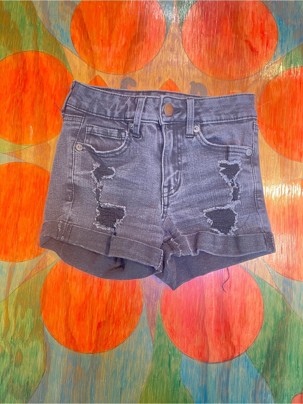 Aero High Rise Midi Black Denim Cut Offs Jeans Shorts Size 00 Faded Whiskered